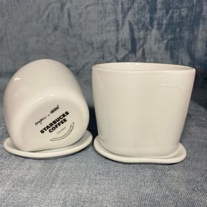 Pair Of White Starbucks Aida Coffee Mugs With Lids Coasters